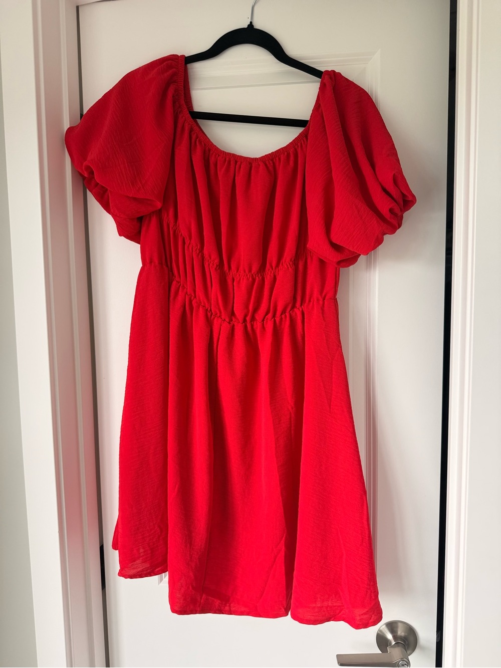 Red Midi Dress with Puff Sleeves